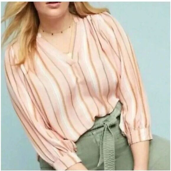 Anthropologie Maeve Pink Blush Green Striped Byron Balloon Peasant SZ S #2005 - Picture 1 of 14